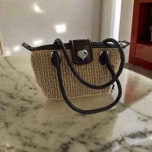 VTG BRIGHTON LEATHER TRIM & WOVEN Straw BAG HANDBAG PURSE 10"X 7 X 4"